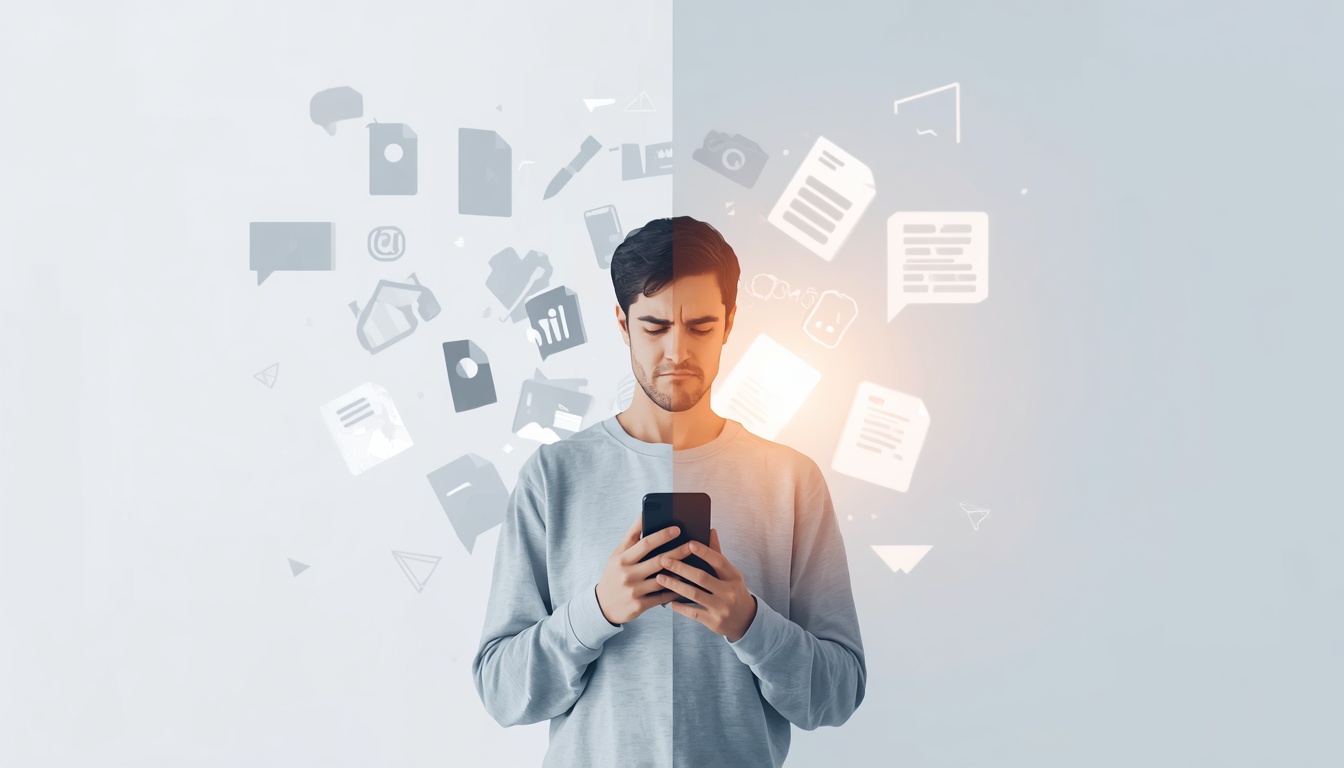 Create a modern, high-quality digital illustration showing a person scrolling on a phone and looking slightly annoyed while being surrounded by subtle, fading advertising elements (like pop-ups, banners, and notifications dissolving into the background). The scene should represent “marketing fatigue” and resistance to traditional advertising. In contrast, show a calm, clean space on one side of the image where content is represented as helpful storytelling elements like books, articles, and useful information icons glowing softly. The overall concept should visualize “marketing to people who hate being marketed to” — shifting from intrusive ads to valuable, trust-based content. Style: minimal, modern, semi-flat illustration with soft gradients Mood: contrast between noise (ads) and calm (value/content) Color palette: muted grays and blues for ads, warm soft light for content side Lighting: subtle glow on helpful content side to symbolize trust and clarity Composition: split-screen or transition effect from chaos to calm Aspect ratio: 16:9, suitable for blog featured image High detail, professional, editorial blog header style