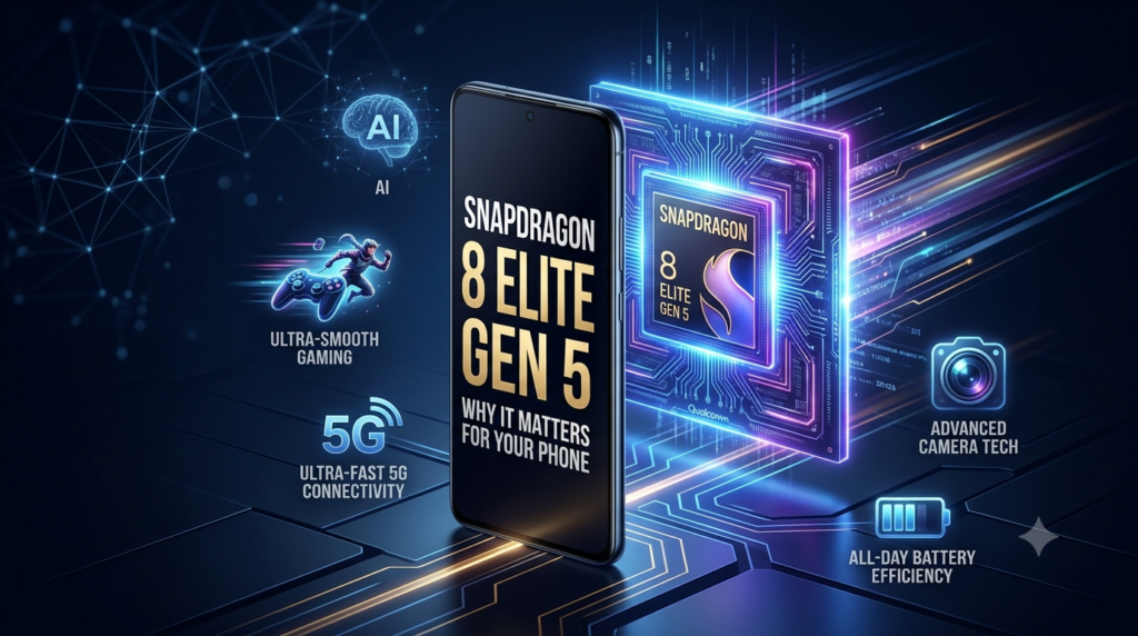 Create a premium, futuristic, highly clickable technology blog featured image for an article titled “What Is the Snapdragon 8 Elite Gen 5 and Why It Matters for Your Phone.” Show a modern flagship smartphone in the center with a powerful glowing smartphone processor chip behind it. Add visual elements representing AI, high-speed gaming, 5G connectivity, advanced camera technology, and battery efficiency. Include a subtle Qualcomm Snapdragon-inspired processor design without copying an official logo. Use dramatic lighting, dark black and deep blue technology tones, glowing circuit patterns, speed effects, and a sophisticated premium smartphone aesthetic. Add bold, highly readable text: “Snapdragon 8 Elite Gen 5” and smaller text: “Why It Matters for Your Phone.” Make the composition clean, modern, realistic, professional, and optimized for high click-through rate on Google Discover and technology websites.